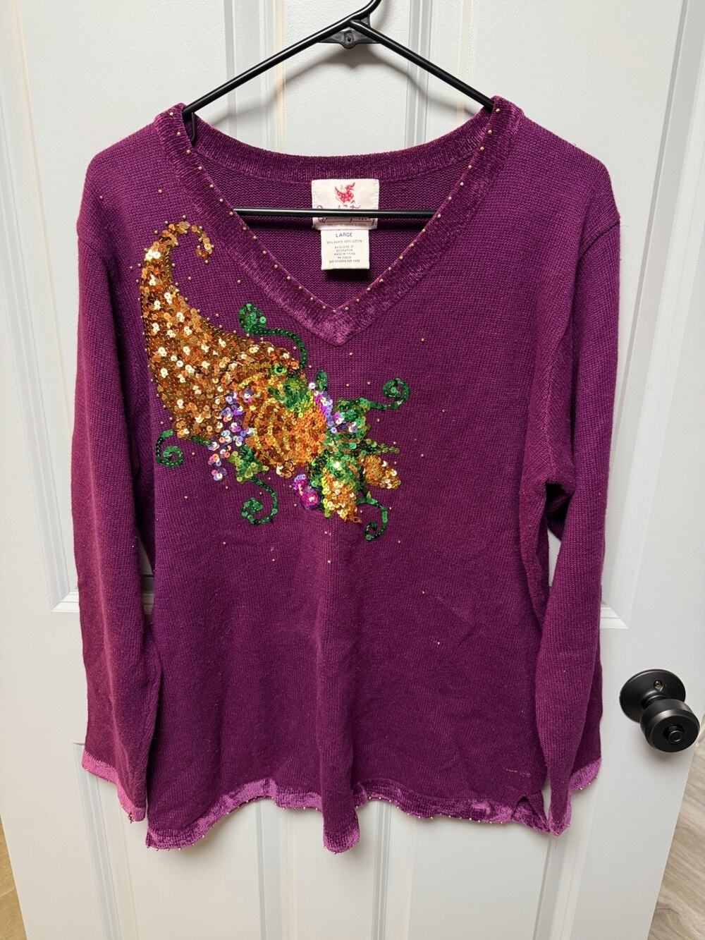 Vtg Quacker Factory Women’s Sweater Autumn Harvest Sequin Knit Cornucopia Sz L